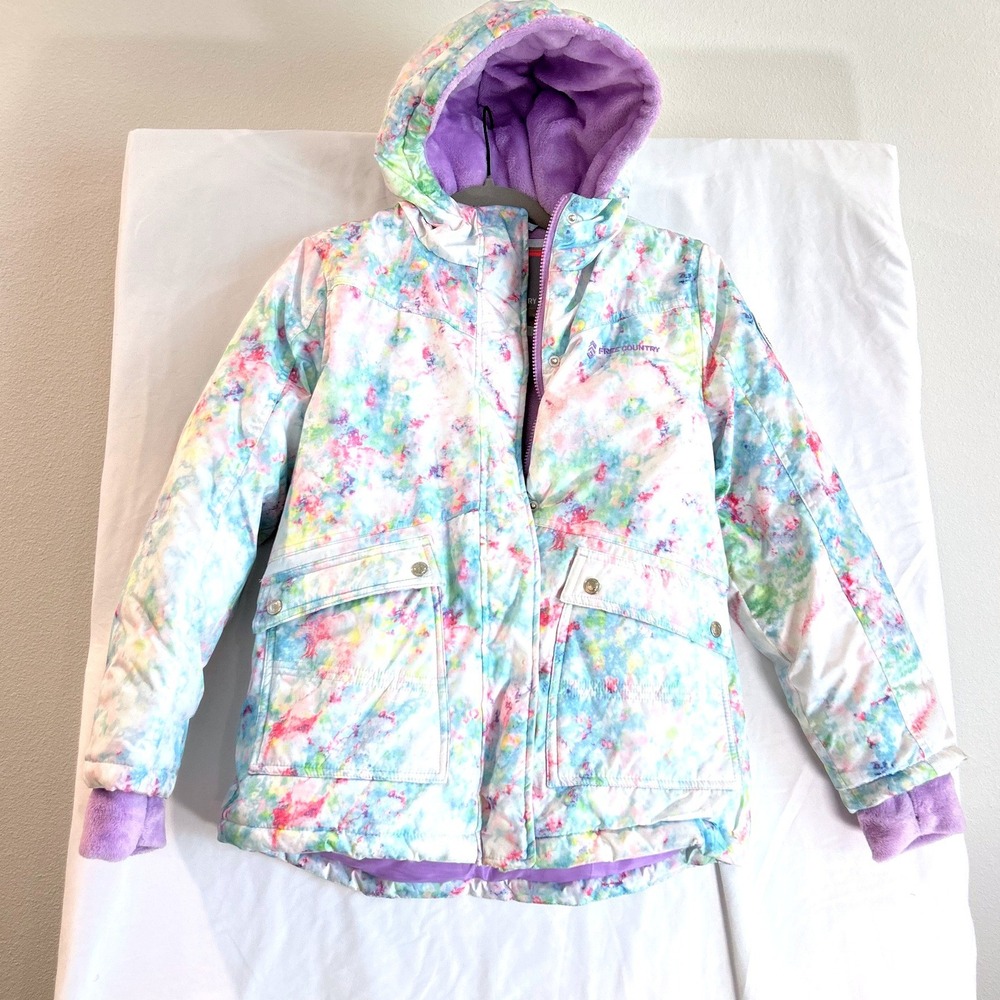 Free Country Girls Tie Dye Hooded Puffer Winter Jacket Purple Fleece Lined 14/16